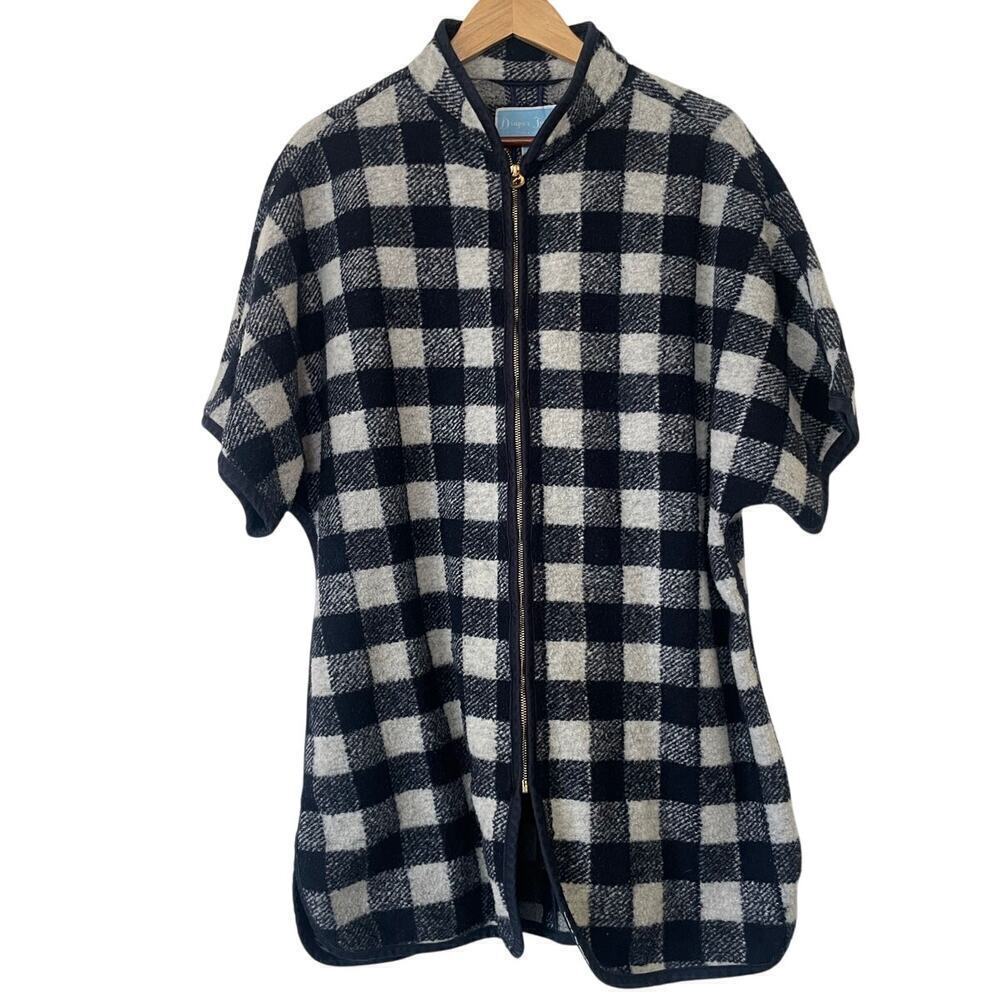 Draper James Gingham Blue Gray Fleece Wool Blend Cape Jacket • Size M/L ⬇️
